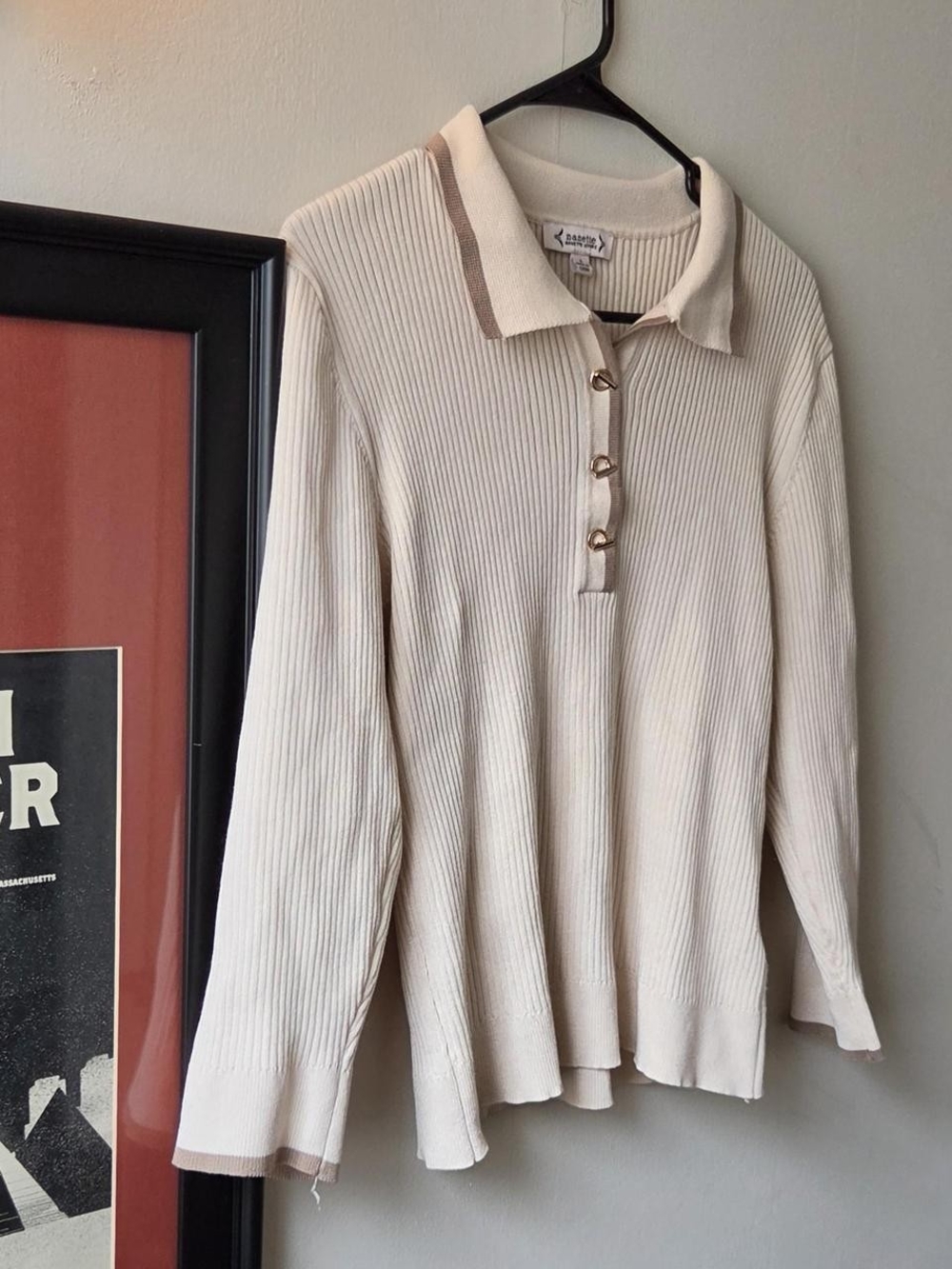 Nanette Lepore Womens Large Cream Ribbed Polo Sweater